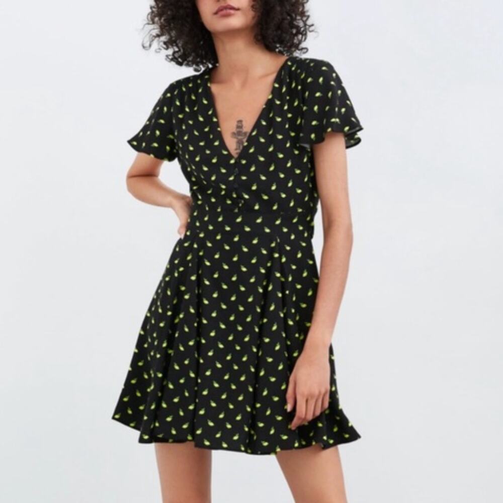 Zara Lemon Print Mini Dress Black V-Neck A-Line Tie Waist Medium Citrus Summer